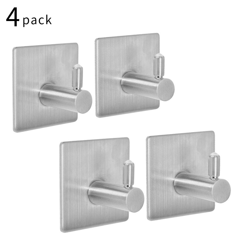 4 Pack Self Adhesive Hooks, HYCKee 18/8 Stainless Steel Towel Hook Wall Mount for Kitchen Bathrooms Lavatory Closets, No Drill Glue Needed, Water and Rust Proof (Pack of 4)