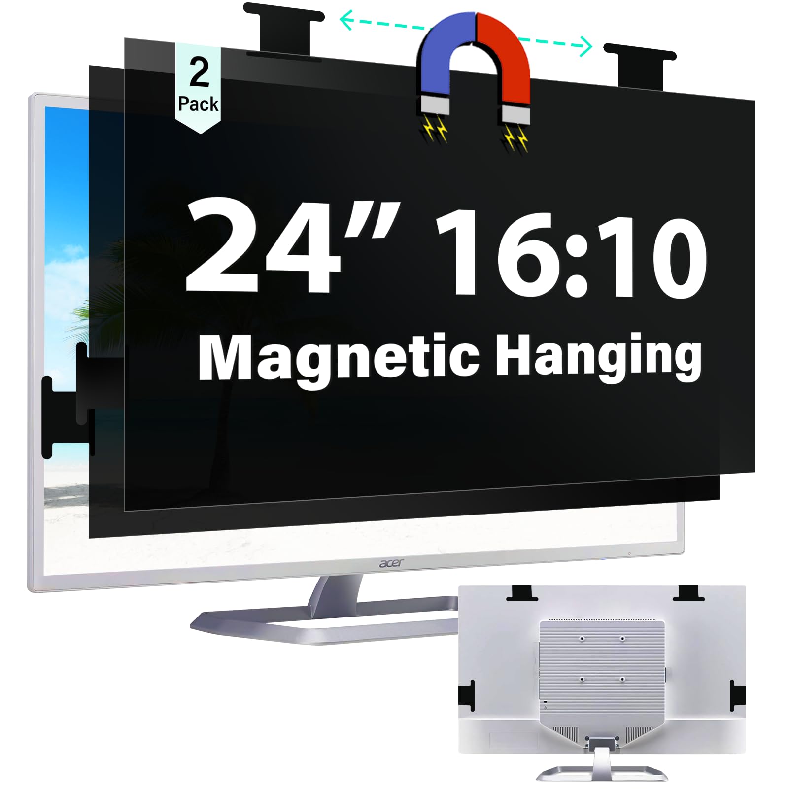 Photo 1 of [2 Pack] Magnetic Hanging 24 Inch Computer Privacy Screen for 16:10 Aspect Ratio Widescreen Monitor, Eye Protection Anti Glare Blue Light Computer Monitor Privacy Filter, Removable 24in Protector Film