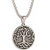Men'S And Women'S Retro Tree Of Life Round Pendant Necklace, 316L Stainless Steel, Silver Stainless Steel Square Pearl Chain, Vintage Amulet Jewelry Gift