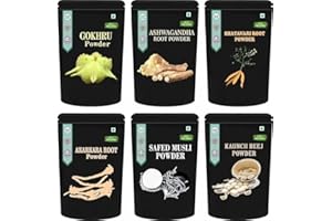 JI Pack Of 6 Akarkara Powder, Gokhru Powder, Safed Musli Powder, Kaunch Powder, Ashwagandha Powder and Shatavari Powder (200 