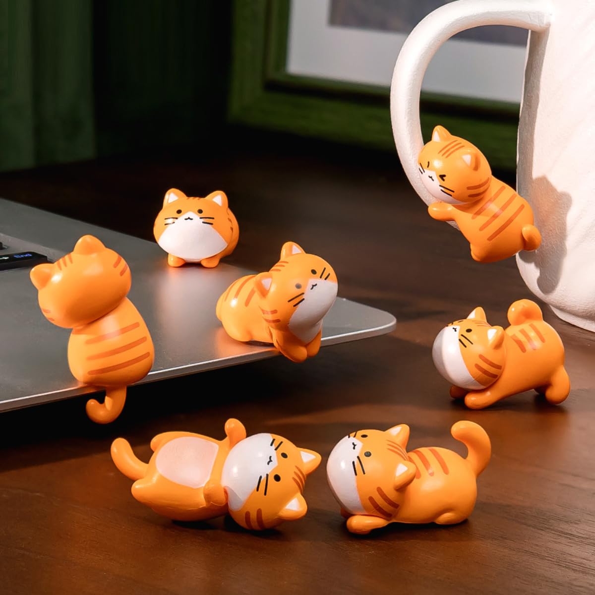 KARLOR Mini Wall Hanging Cat Figures - 8 PCS Kitten Set, Orange Tomcat Miniature Statue Animal Ornaments, Resin Micro Landscape for Car Table Garden Decoration