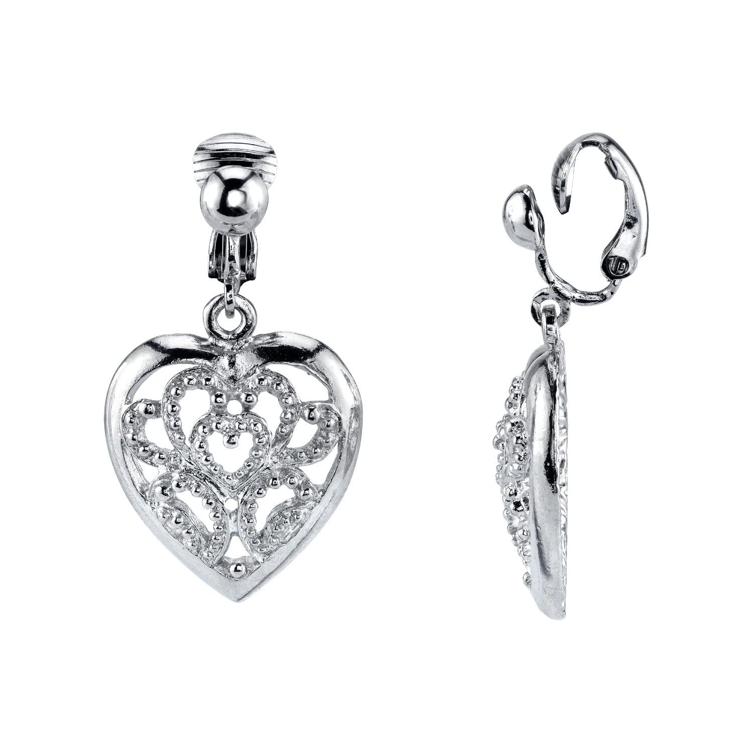 1928 Jewelry Pendientes de clip con forma de corazón pulido de filigrana para mujer, plata, pendientes sin perforación, a presión sin perforaciones, hechos en EE. UU.