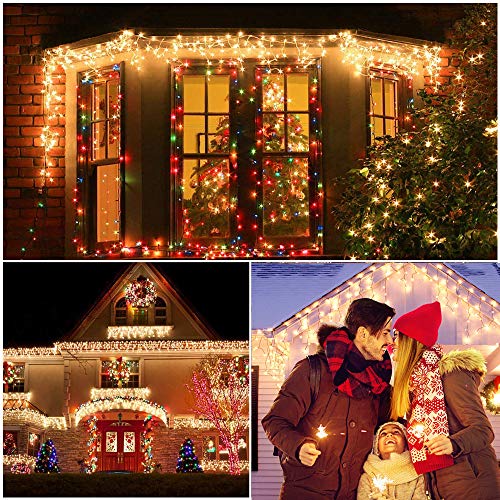 MZD8391 15FT 100 Count Clear Christmas Icicle Lights, 100% UL Listed Christmas String Lights Outdoor/Indoor Curtain Lights, White Wire, Warm White (END TO END EXPANDABLE)