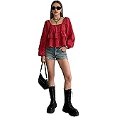GORGLITTER Women's Cute Babydoll Tops Y2k Gingham Peplum Ruffle Plaid Bishop Long Sleeve Blouses Going Out Outfits
