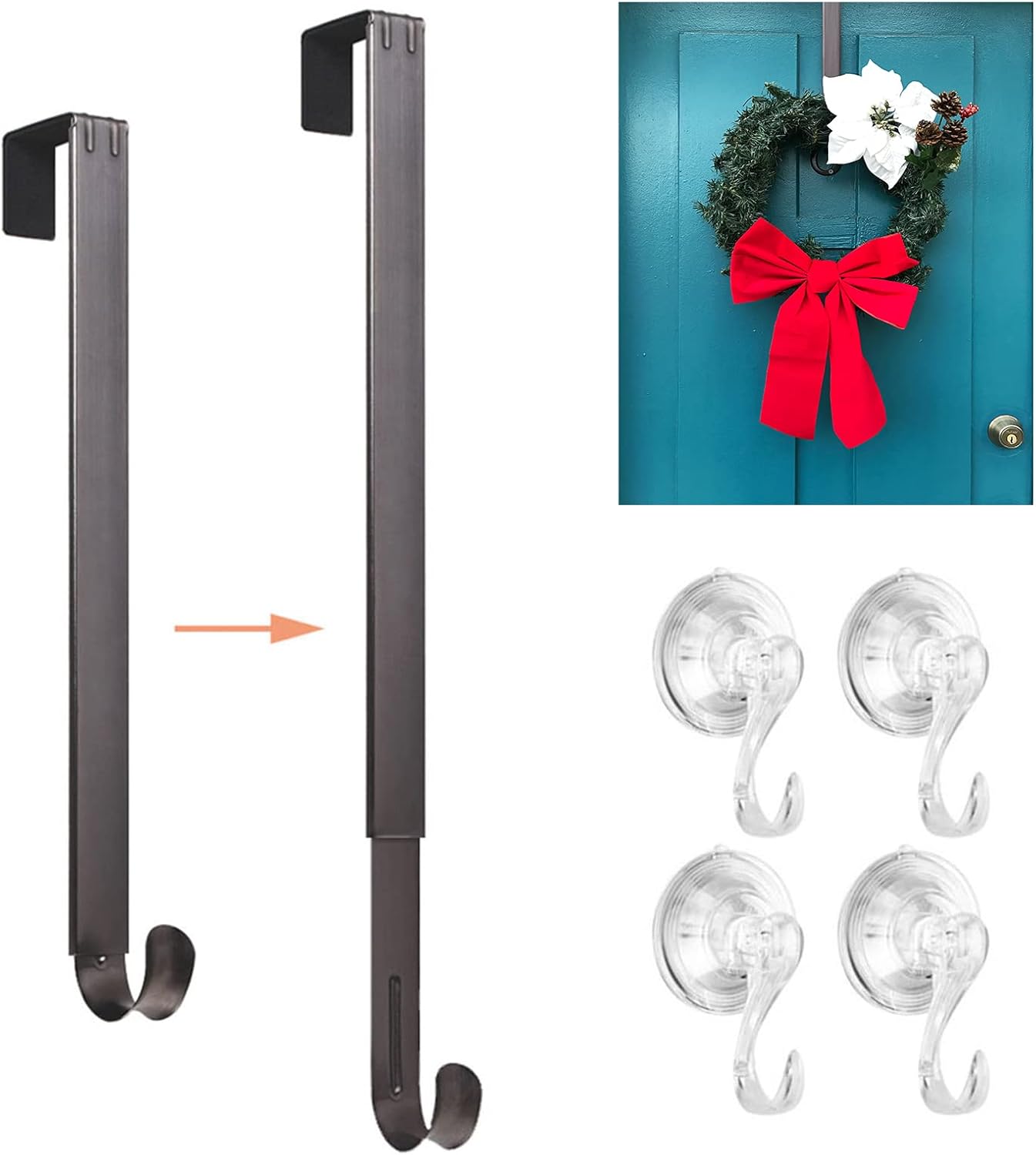 Wreath Hangers - VIS'V Wreath Hanger, 15-24 Inch Adjustable Metal Wreath Hanger Front Door 20 LB Heavy Duty Over Door Wreath Hook with 4 Clear Suction Wreath Holders for Halloween Christmas Wreath Decoration - Nickle
