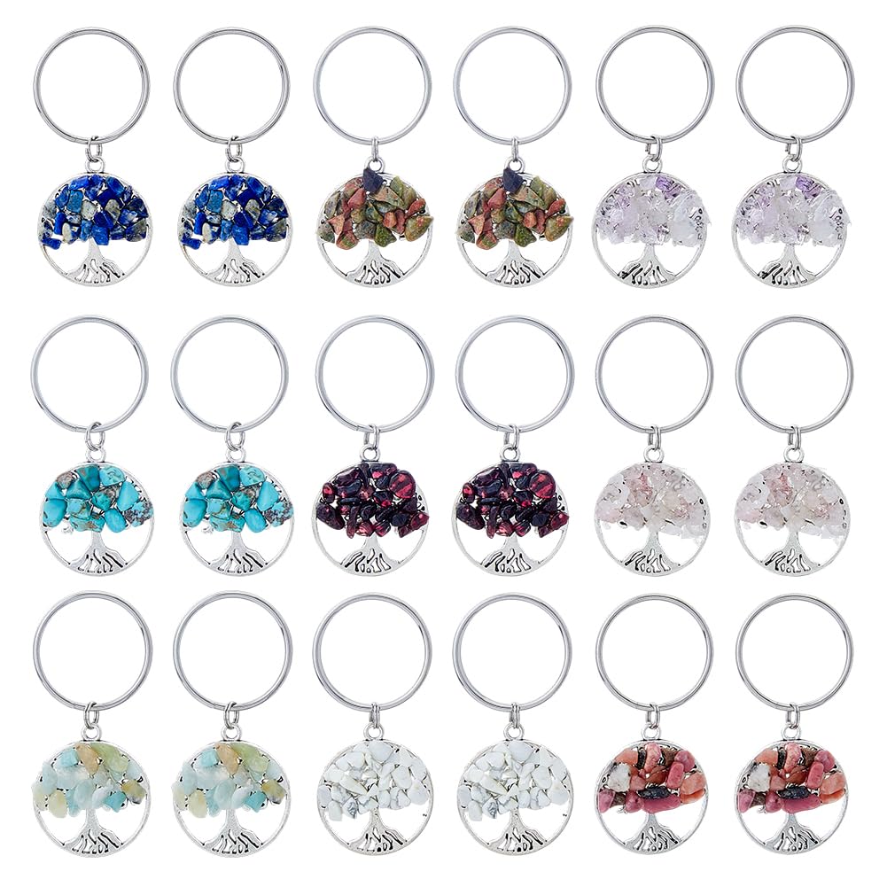SUPERFINDINGS 18Pcs 9 Styles Tree of Life Keychain Natural Crystal Stone Handmade DIY Keychain Charm Pendant Gemstone Key Chain Charm for Handmade DIY Lucky Bag Charms Keyring — image 1