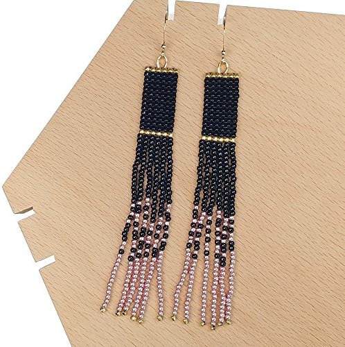 Black-Pink Long Beaded Tassel Earrings