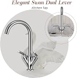 Hapilife Swan Dual Lever Kitchen Mixer Tap 1 Hole Chrome Vintage Brass Tap view 4