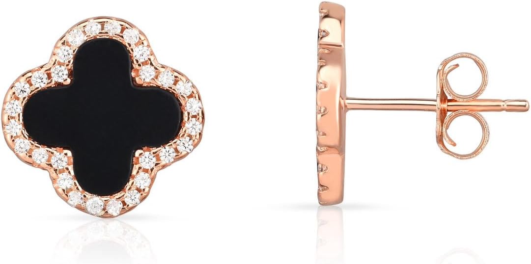 Sterling Silver Black Onyx And Cubic Zirconia Four Leaf Clover Post Earrings.