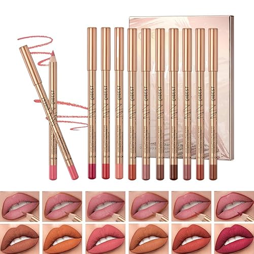 LOPHE 12 Colour Matte Lip Liner Set, 12Pcs Nude Lip Liner Set, Waterproof Long Lasting Lip Liner Pencil, High Pigmented Natural Lip Makeup, Plumping Lip Definer Pencil, Brown Lipliner Pencil for Women