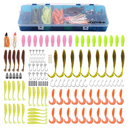 Fishing Tackle 143pcs Soft Bait Set Insertion Type Fishing Lure Tackle Box with Bullet Lead Sinkers Fishing Beads Crank Hooks T Tail Fishes Jig Head Hooks Curl Tail Soft Lures Spinners Worms Baits