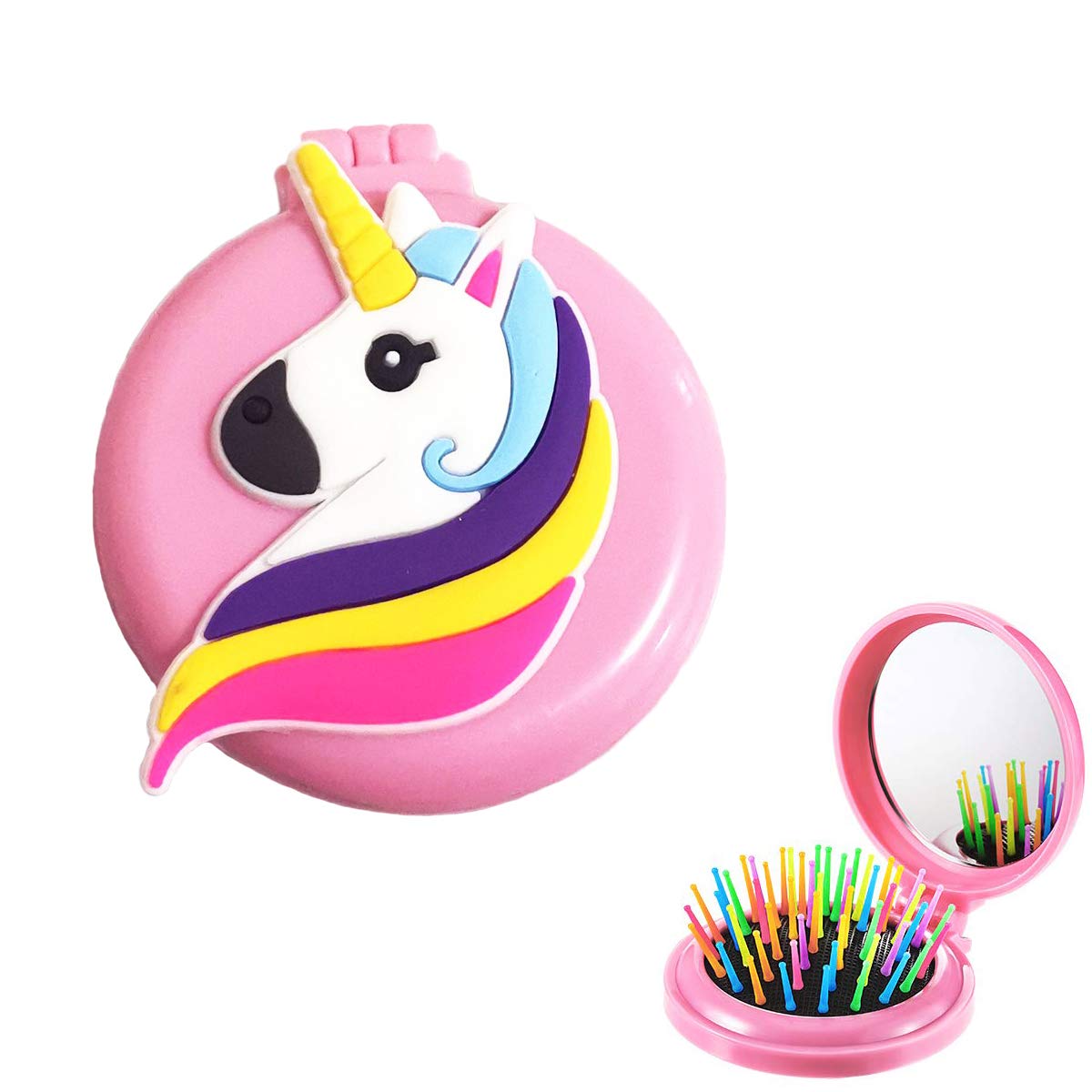 Mini Compact Mirror, Round Unicorn Hairbrush with Rainbow