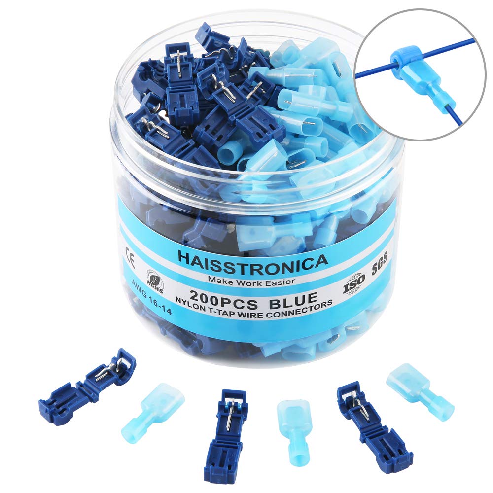 200PCS T-tap Wire Connectors,T-tap Electrical Connectors with Case Insulated Male Spade+ Nylon Quick Splice（Blue 16-14）by Haisstronica