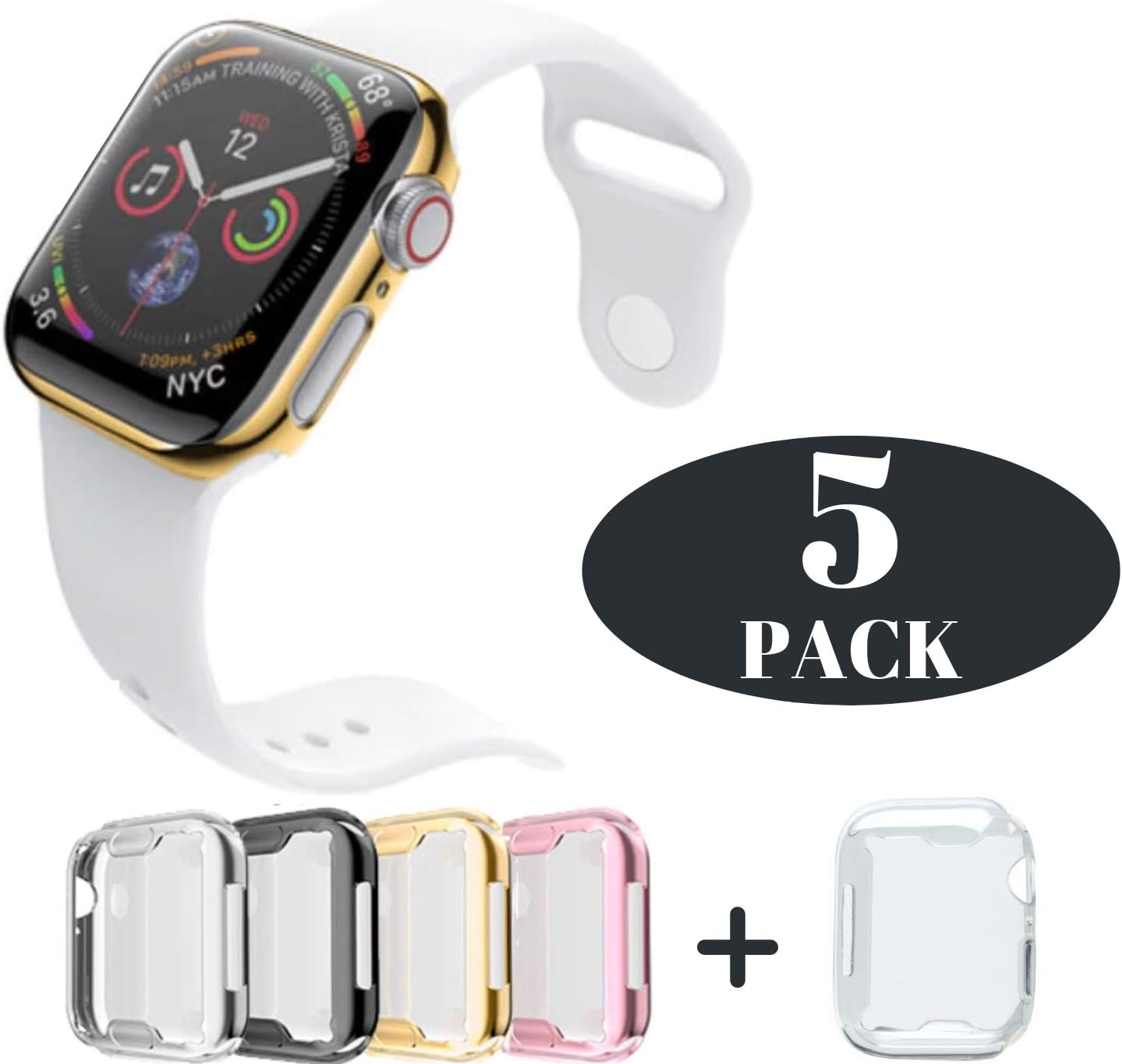 Case for Apple Watch 40mm Series 5 and Series 4 Built-in Screen Protector All Protective Cover [4 PACK] Black, Silver, Gold, Rose Gold HD Clear Screen Ultra-Thin 44mm iWatch 4 TPU Cover iV Industry [4 Pack- 40mm]