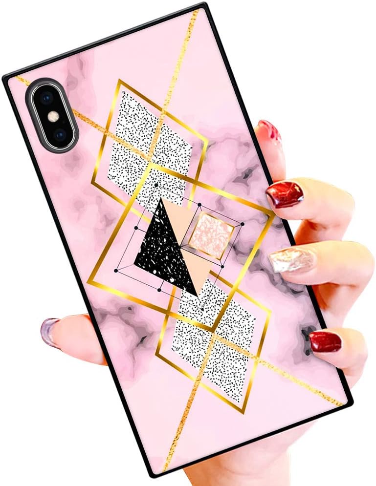 Yufesam iPhone XS MAX Case Geometric Pink Gold Marble Square Elegant Soft Silicone Shockproof Protective Case Cover Compatible iPhone XS MAX 6.5 Inch