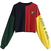 SweatyRocks Women's Letter Print Color Block Crop Sweatshirt Long Sleeve Pullover Tops