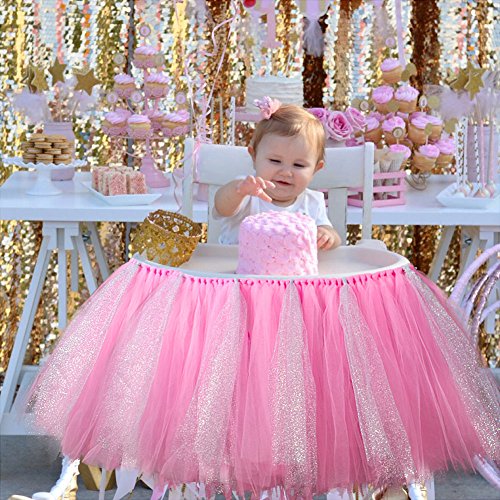 UPC 763250107263, Aytai High Chair Decoration Handmade 39&quot; Tulle Table Skirt Glitter Chair Skirt, Baby 1st Birthday Party Supplies Cute Baby Shower Decoration (Pink)