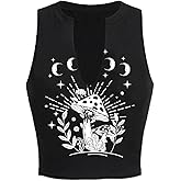 Remidoo Women's Graphic Tank Top Sleeveless Notched V Neck Muscle Crop Top Mushroom Shirt