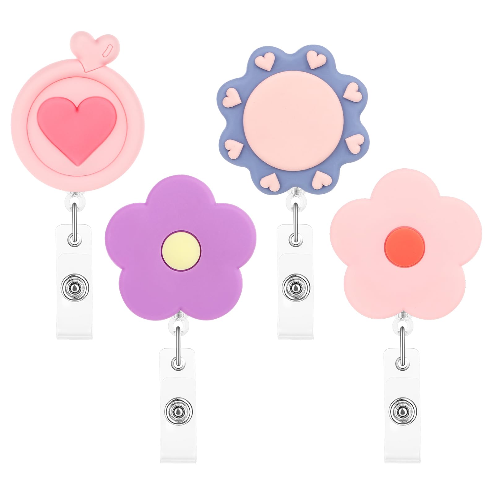 4 Pack Cute Retractable Badge Reel Holders - Flower ID Name Clip Tag for Nurse, Teacher, Student, Office, Hospital