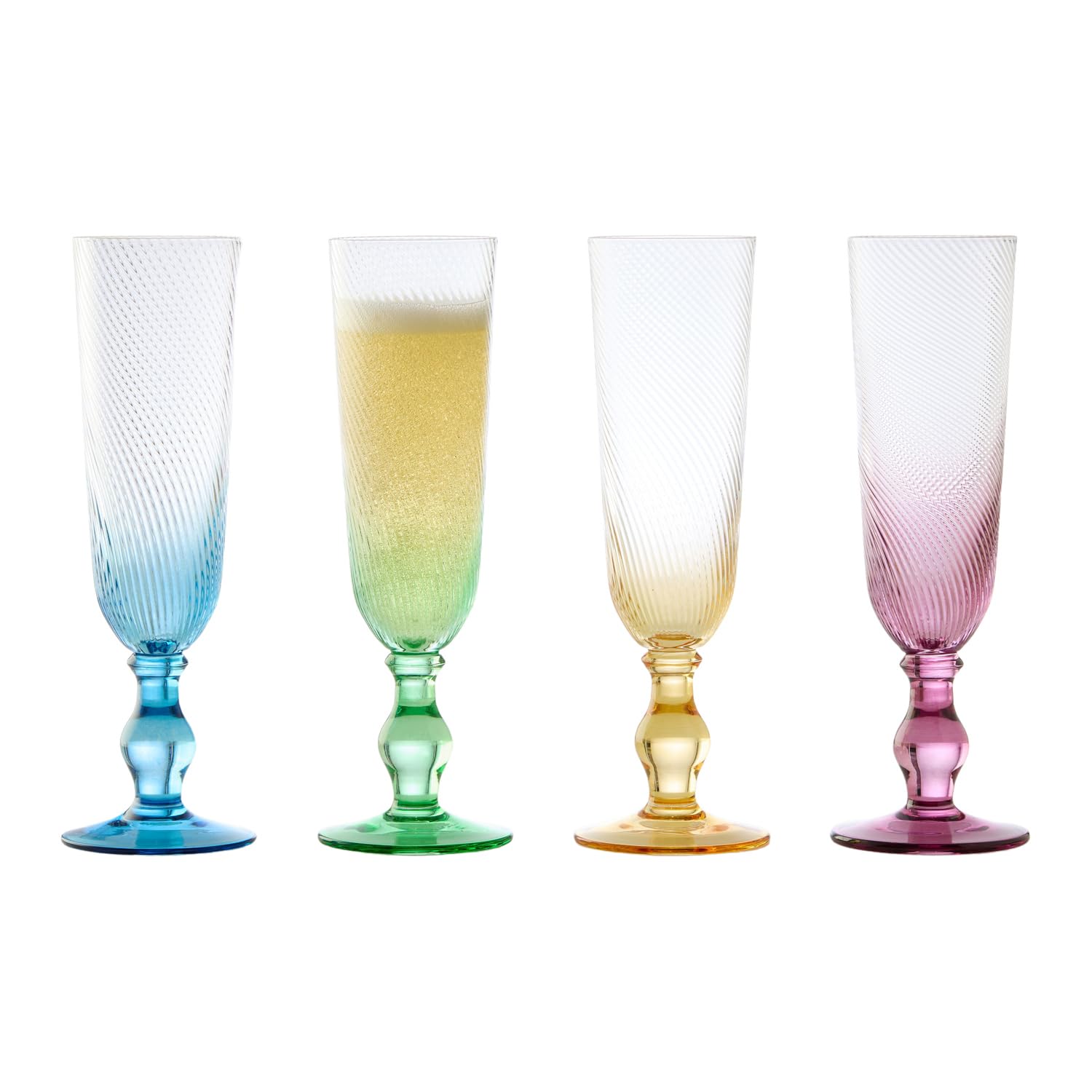 Anton Studio Designs Swirl Handmade Champagne Flutes Perfect Party Tableware for Weddings and Celebrations - 250 ml - Multi-Coloured - Set of 4 Elegant Champagne Glasses