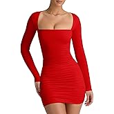 LCNBA Women's Long Sleeve Square Neck Ruched Bodycon Mini Dress
