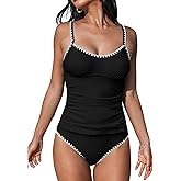 CUPSHE Women's Tankini Sets Two Piece Swimsuit Scoop Neck Tummy Control Adjustable Straps Shell Stitched