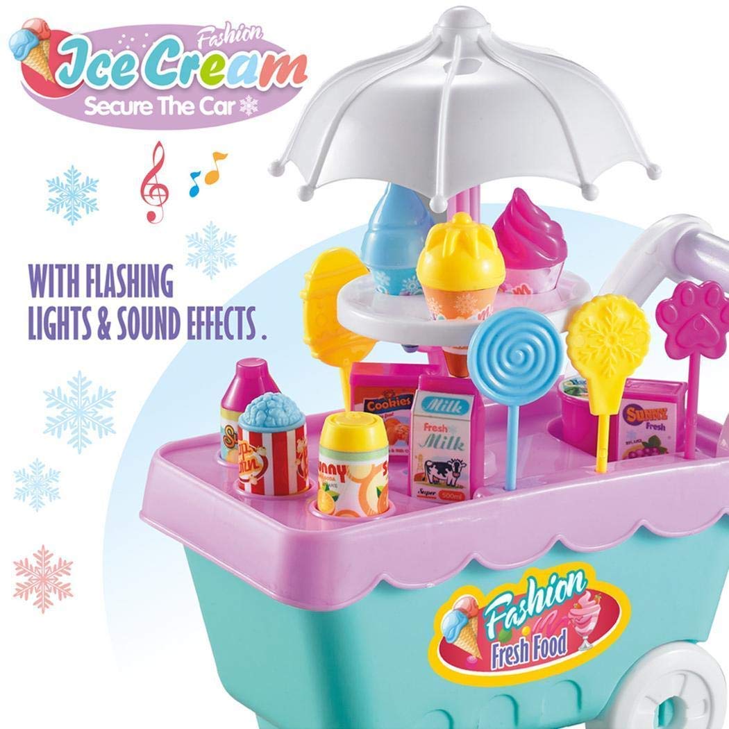 ThinIce 19PCS Rotating Ice Cream Cart Toy Candy Cart Pink Miniature Sweet Shop Supermarket Trolley Toys with Music for Boys Girls Child Children Birthday Gift