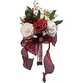LEIFENY Wedding Bouquets for Bride, Burgundy & White Bridal Bridesmaid Flower with Silk Ribbon, Artificial Toss Rose for Civil Ceremony