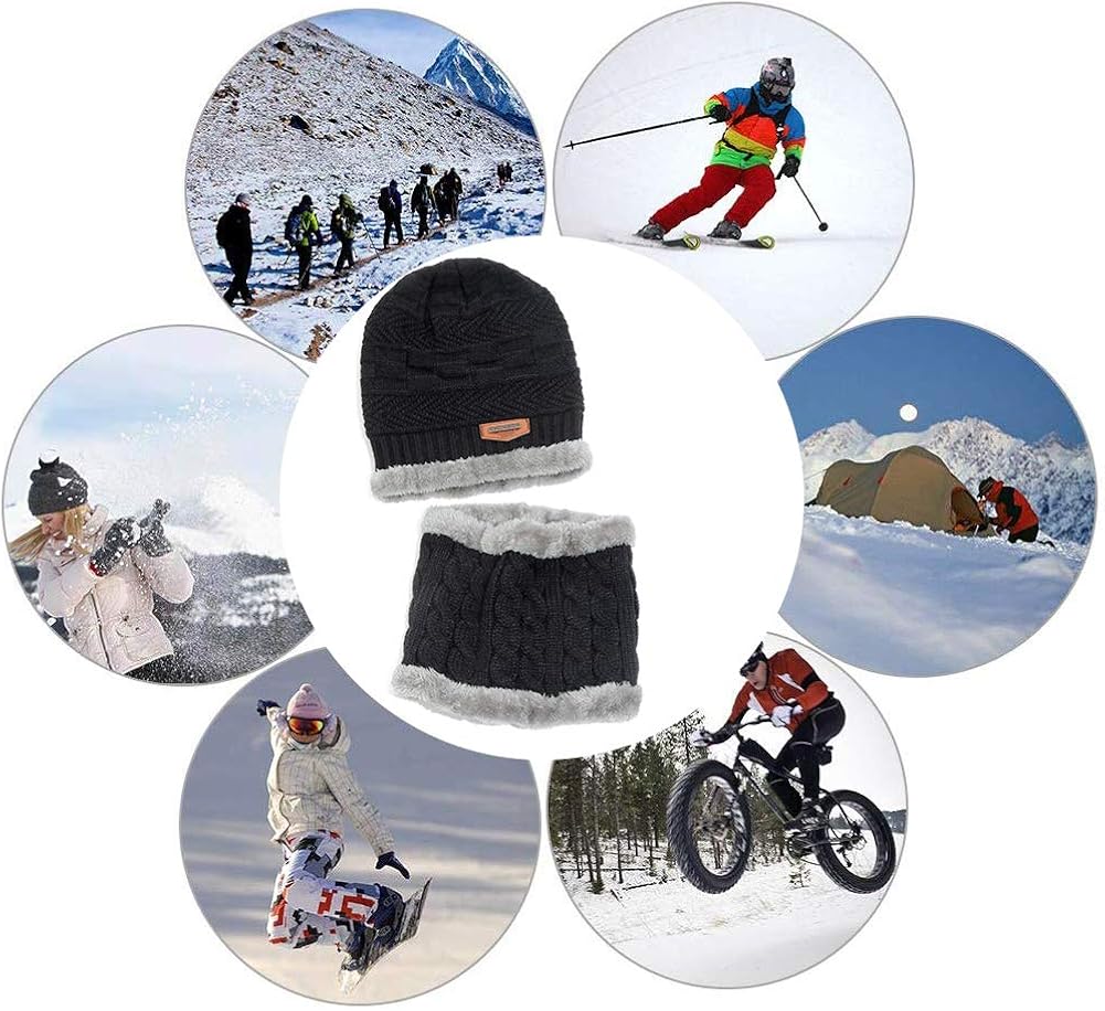 Men's 2-Pieces Winter Beanie Hat Scarf Set Warm Knit Hat Thick Fleece Lined Winter Cap Scarves for Men Women Black at  Men’s Clothing store
