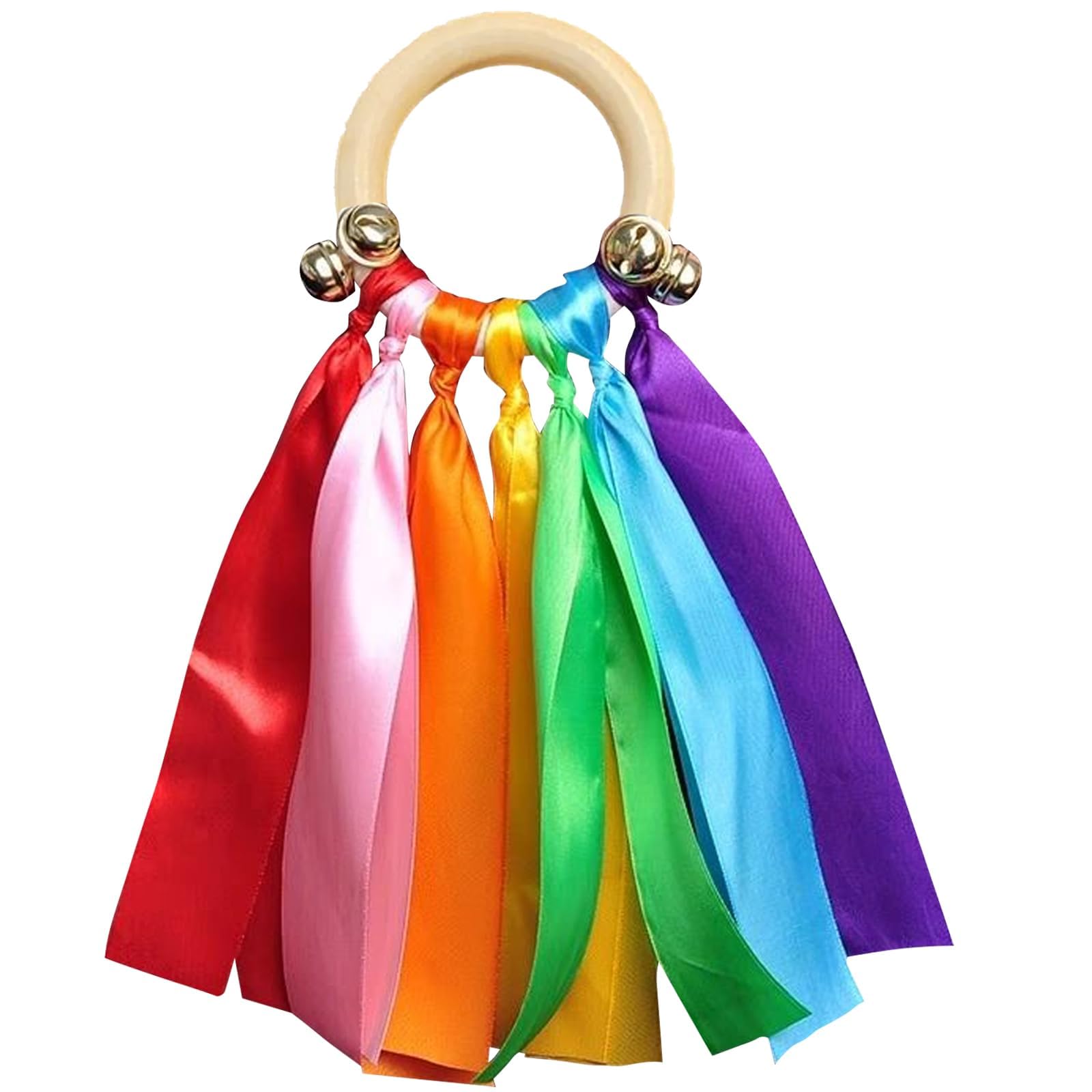 2 Pcs Sensory Wooden Ring Baby Toys, Baby Rainbow Ribbon Toy with Rattle, Multifunctional Sensory Wooden Ring Babys, Educational Babys Sensories Toys for Crawling Play