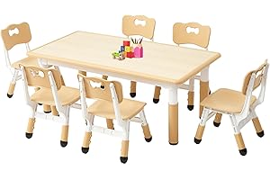FUNLIO Kids Table and 6 Chairs Set for Ages 3-8, Height Adjustable Toddler Table and Chair Set, Easy to Wipe Arts & Crafts Ta