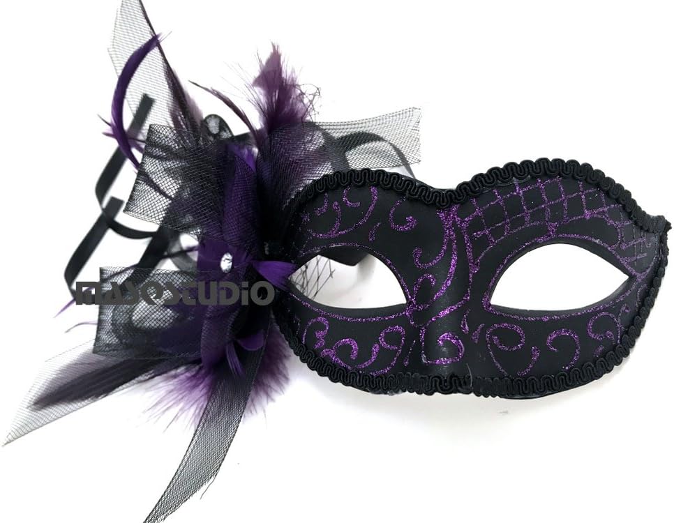 Amazon Com Black Purple Red Masquerade Ball Mask Flapper Veil Feather Mardi Gras Birthday Party Prom Purple Home Kitchen