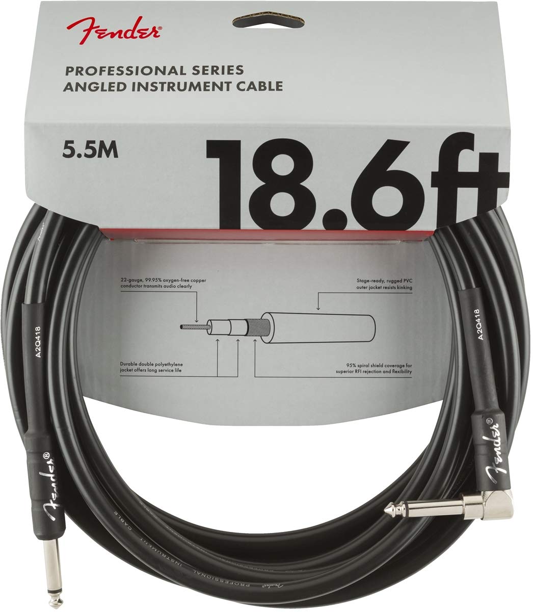 Fender Professional Series Instrument Cable 18.6ft,5.5m, Engineered to Avoid Twisting, Straight-to-Angle Connectors, Black