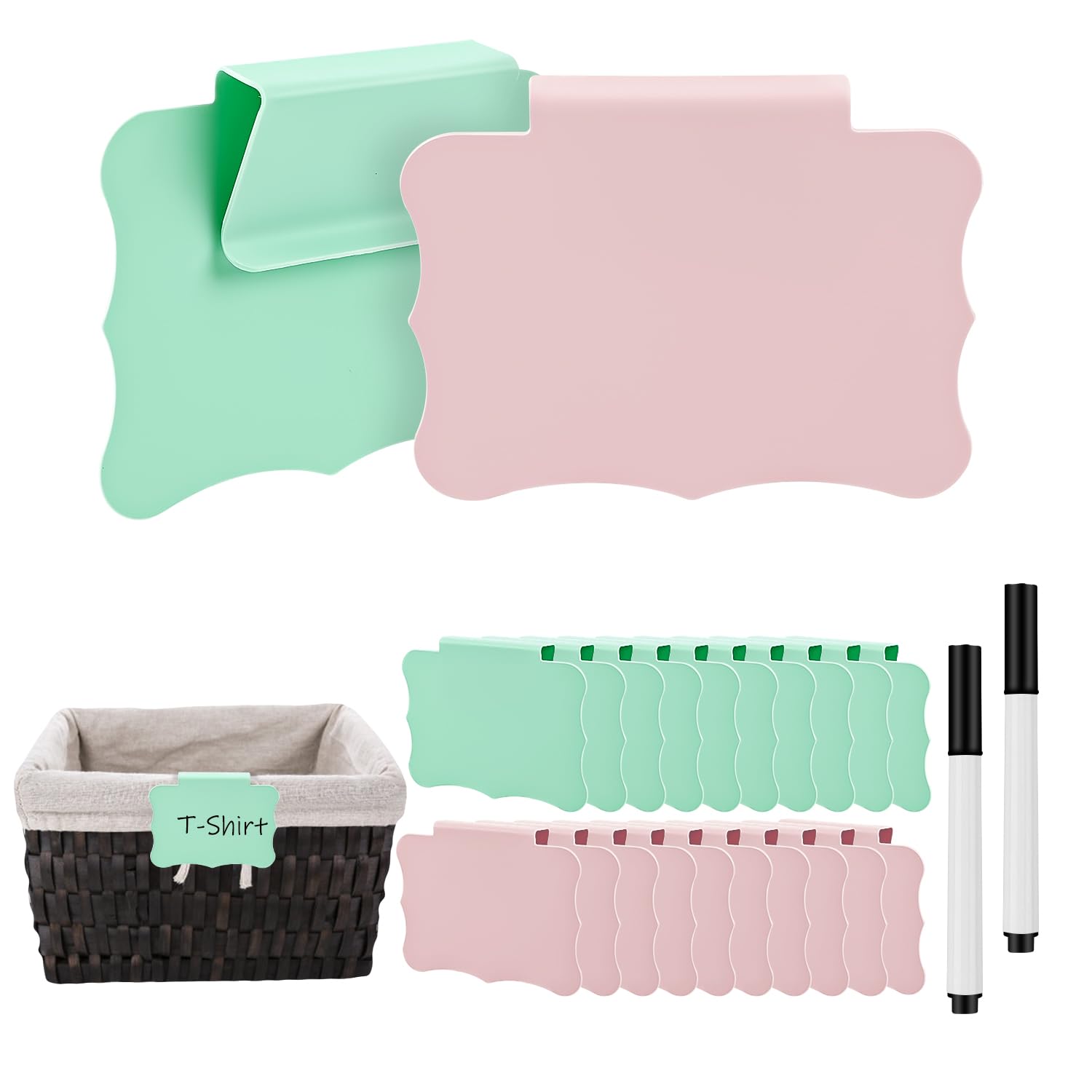 20pcs Basket Labels Clip, Plastic Basket Labels Clip on with 2pcs Writing Tool Storage Bin Labels Clip on Basket Label Holder for Storage Bins Box Organization