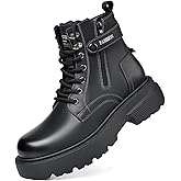 TIXEWSJH Men's Genuine Leather Lace Up Platform Chunky Heel Combat Boots with Side Zipper Round Toe Lug Sole Boots for Outdoor Work Hiking Walking Driving Travel Camping