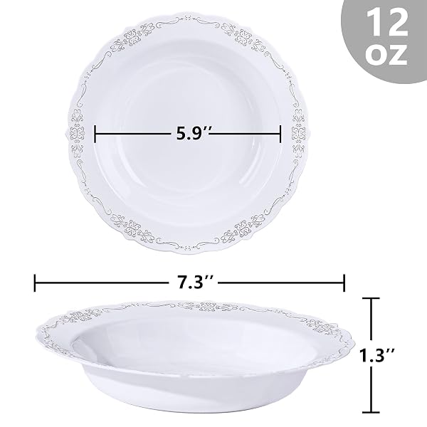 DAYAMMI 50 PACK PLASTIC BOWLS WITH SILVER RIM, 12OZ DISPOSABLE SOUP BOWLS,SILVER BOWLS DISPOSABLE HEAVY DUTY DINNER BOWL FOR WEDDING,PLASTIC SERVING BOWLS FOR PARTIES,DINNERS,CATERING AND EVERYDAY USE