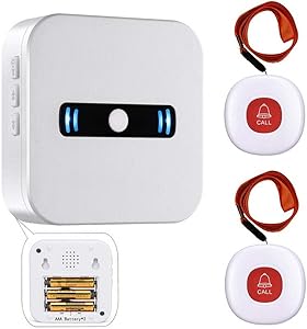 Caregiver Pagers Wireless Call Button System for Elderly Patient Personal Call Button in Home Alert System 1 Receiver+2 Emergency Transmitters (Battery Included)
