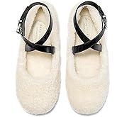 BEAU TODAY Womens Mary Jane Flats, Fur Lined Ballet Flats for Women, Comfortable Wool Round Toe Mary Jane Shoes Warm Fashion Flat Shoes