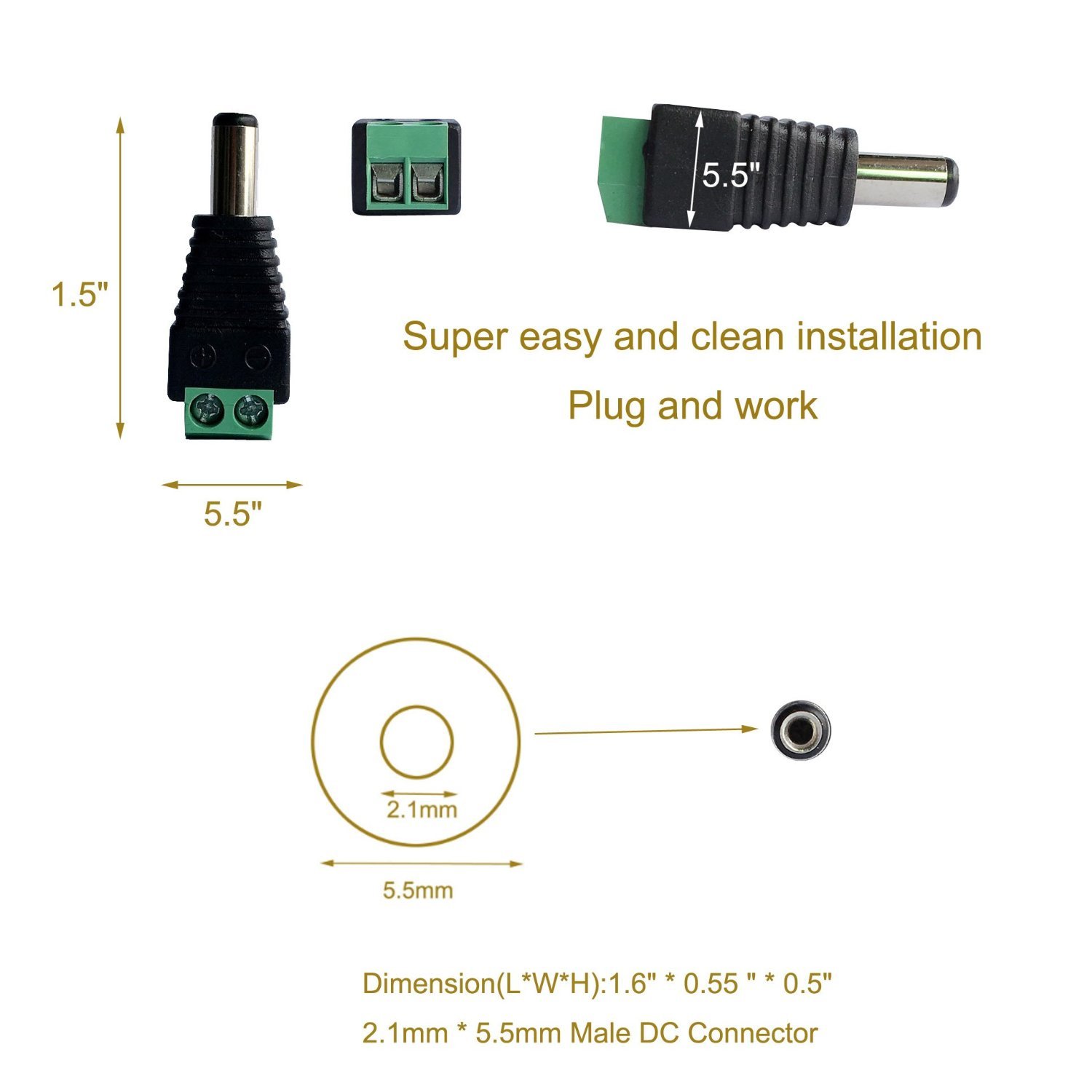 10 Male 12v DC Power Jack Adapter Connector for Led Strip CCTV Camera