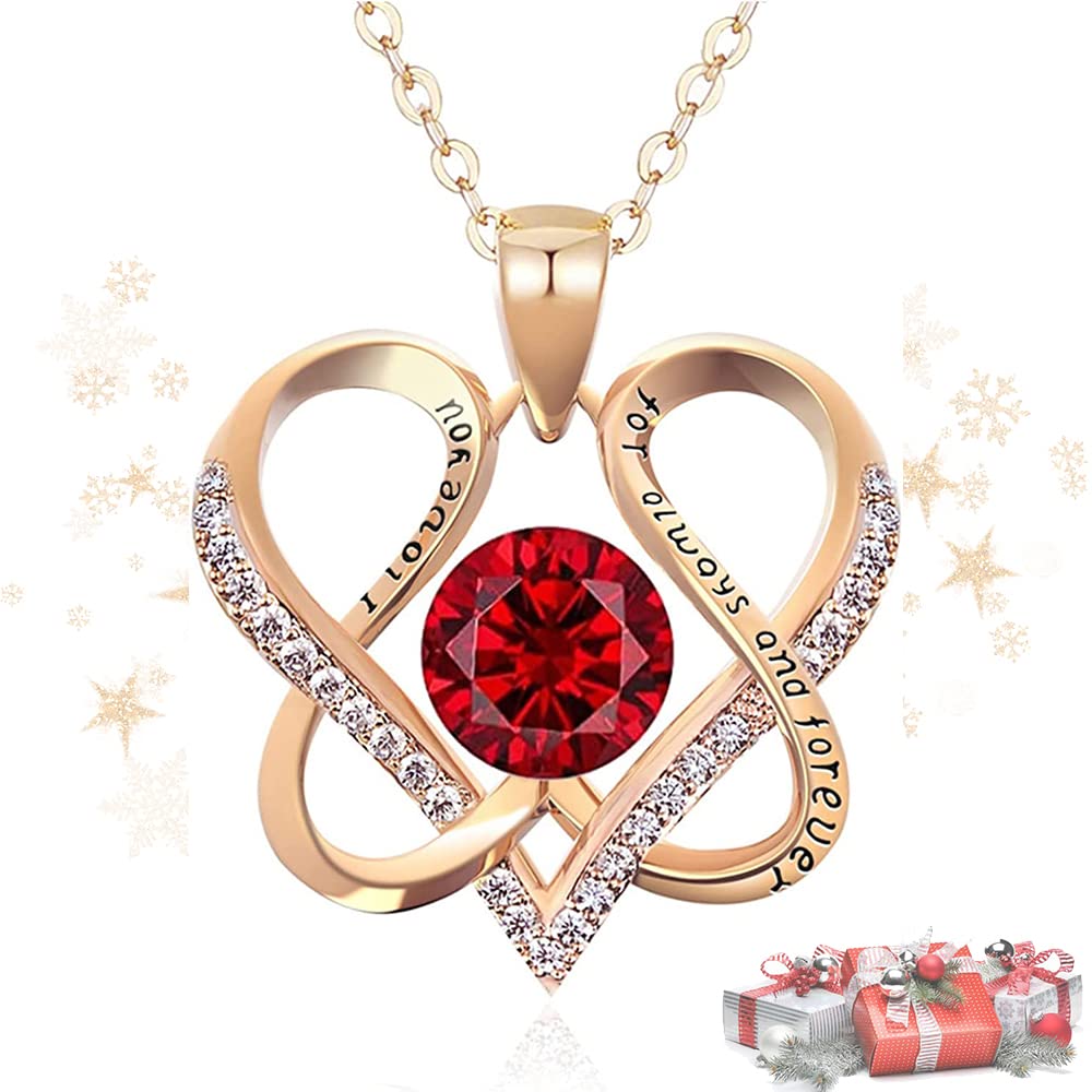 DYD Love Heart Birthstone Necklaces Jewellery for Women, 925 Sterling Silver Rose Gold Pendant Necklace Mother's Day/Anniversary/Birthday/Valentines Day (Red)