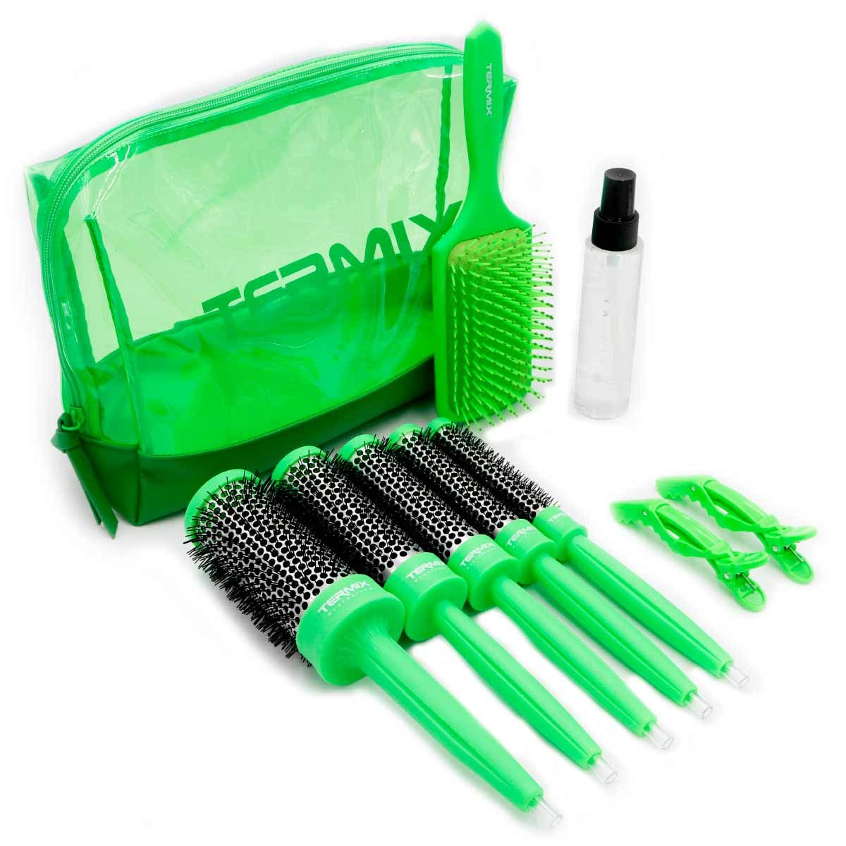 Termix Brushing Pack in 3 Steps Includes 5 Termix Hairbrushes, Serum For Split ends, Detangling Paddle Brush and 2 Hair Clips Pack designed to achieve ideal Brushing Green Colour