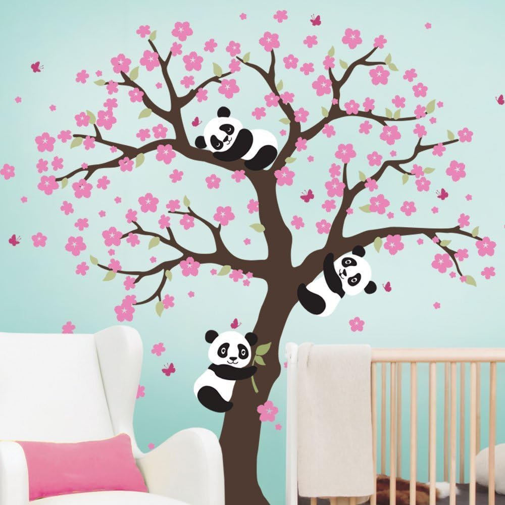 sinesshop Panda and Cherry Blossom Tree Wall Decal Removable Vinyl Window Room Wall Stickers Animal Decal DIY Art Mural Home Decor Gift for Baby Nursery, Kids
