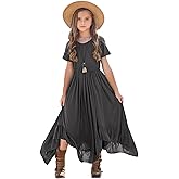 Seechoslo Tween Girls Maxi Dress Short Sleeve Casual Flowy Boho Style Summer Long Dress for Girls Big Kids Size 8-14 Years