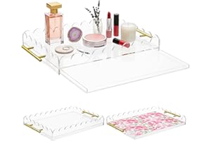 VERSSURE Scalloped Acrylic Tray with Metal Handles,16" x 12" Clear Acrylic Display Tray with Pull-Out Drawer for Photos, Art Prints, Postcards, Decorative Organizer Trays for Vanity,Home,Office
