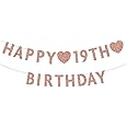Rose Gold 19th Birthday Banner, Glitter Happy 19 Years Old Boy or Girl Party Decorations, Supplies