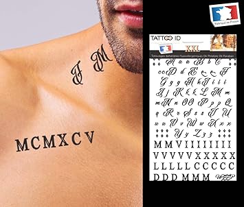 Tatouage Ephemere Temporaire Homme Lettres Et Chiffres Romains Tattoo Id Xxl Hypoallergénique Fabriqué En France 1 Planches 22 Cm X 145 Cm Homme