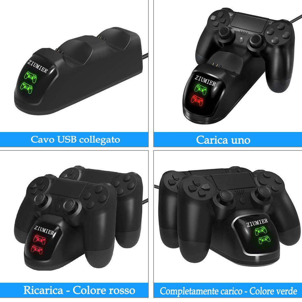 PS4 Controller Gaming Caricabatteria,Stazione di Ricarica con Indicatore LED, Caricabatterie PS4 Funziona con Joypad, PlayStation 4, PS4 Slim e PS4 Pro