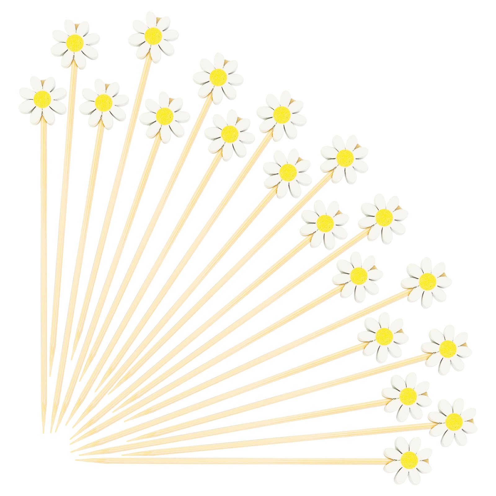 Photo 1 of 100PCS Daisy Flower Cocktail Picks 4.7 Inch, Fancy Toothpicks for Appetizers Bamboo Floral Picks Fruit Skewers for Appetizers Food Sandwiches Drinks Party Decoration (Flower)