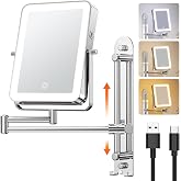 Gospire Height Adjustable Wall Mounted Lighted Makeup Mirror with Hooks | 3000mAh Rechargeable, Double Sided 1X/10X Magnification, 3 Light Colors, Extended Arm 360&deg; Swivel Foldable for Bathroom/Hotel
