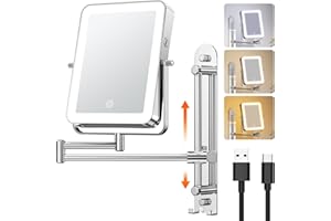 Gospire Height Adjustable Wall Mounted Lighted Makeup Mirror with Hooks, 3000mAh Rechargeable with 1X/10X Magnification, 3 Light Colors and Stepless Dimming for Bathroom